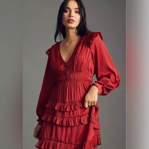 Anthropologie Red Tiered Ruffled Mini Dress❤️final Price